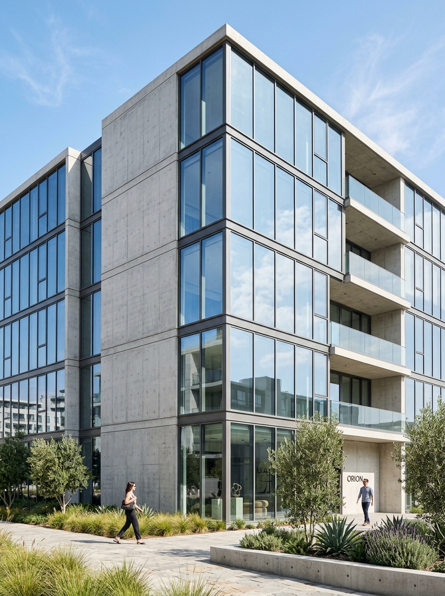 Detail of a concrete and glass building facade in daylight