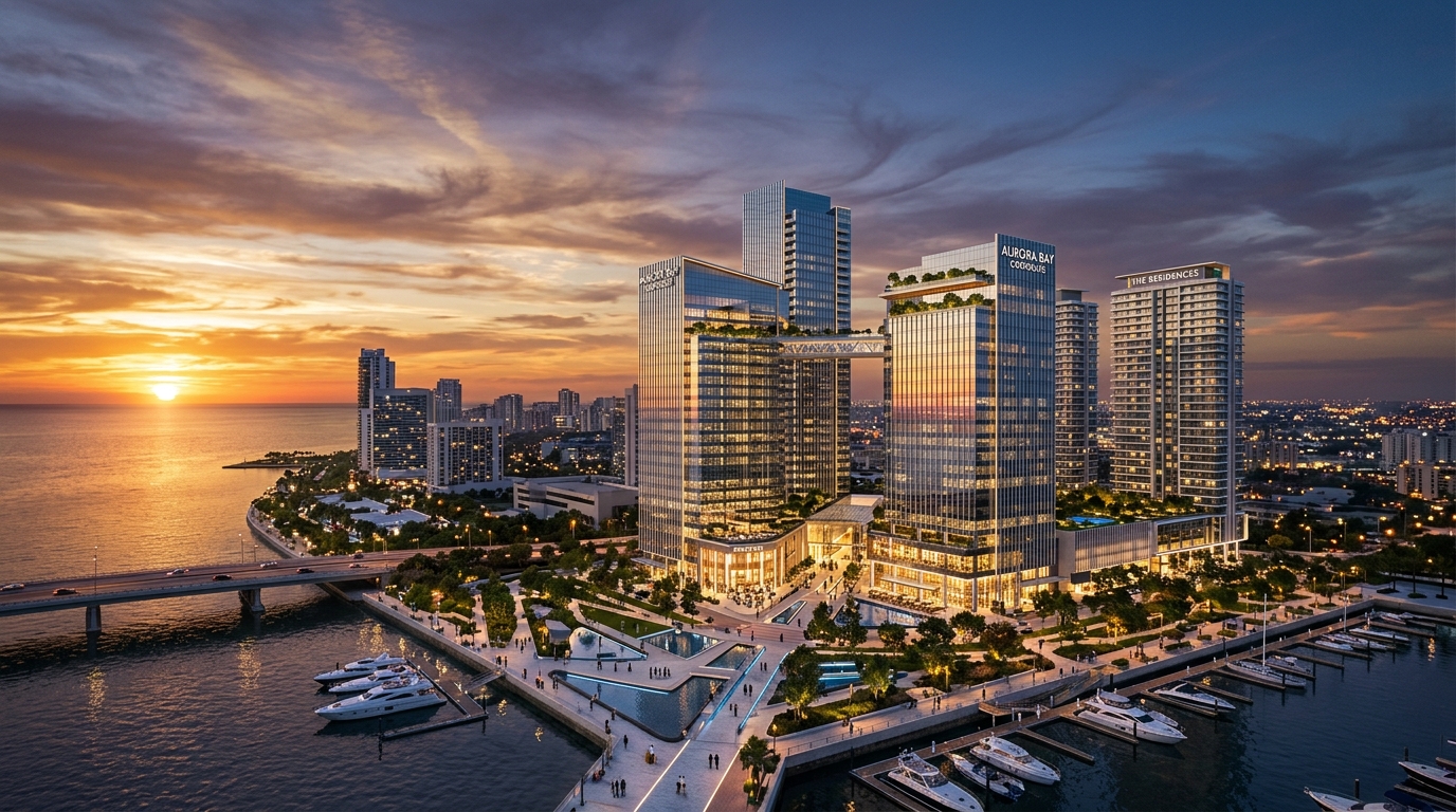 Aerial view of a large-scale mixed-use development at dusk