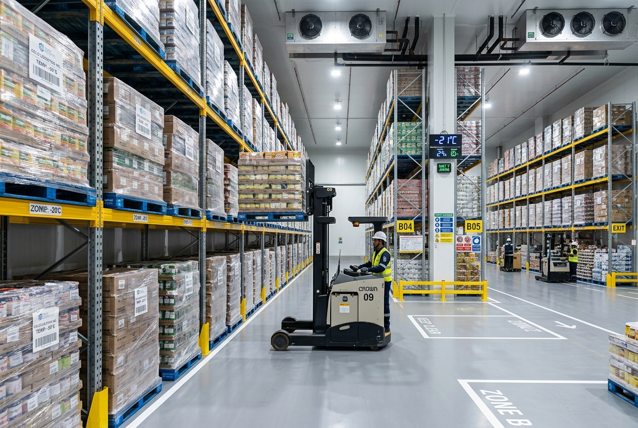Interior of a temperature-controlled cold storage warehouse with racked pallets