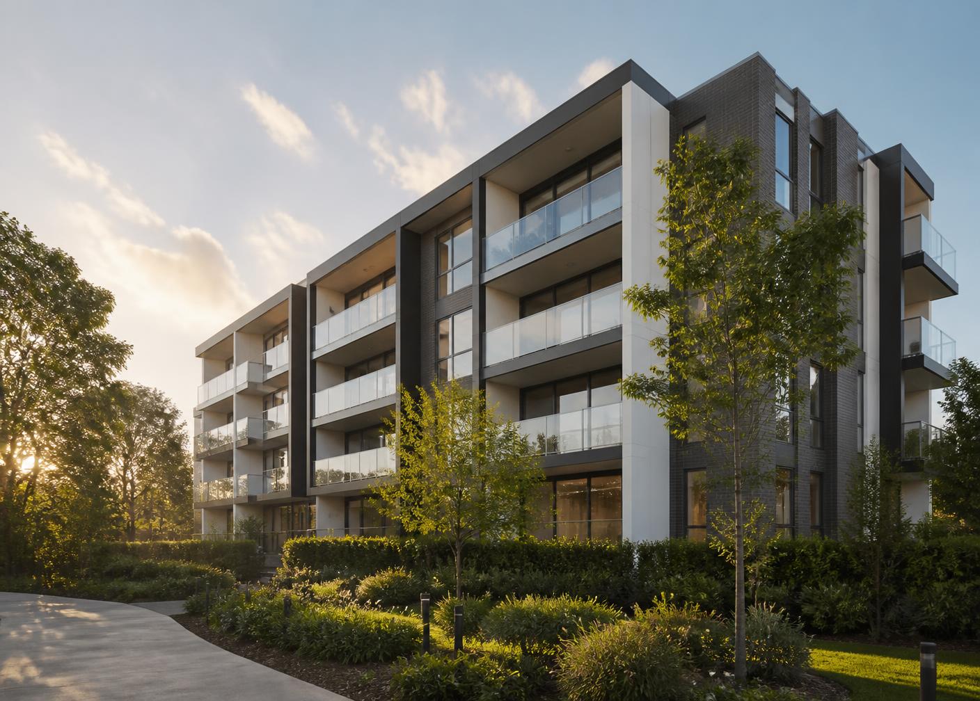 Contemporary low-rise residential apartment building with landscaped surroundings